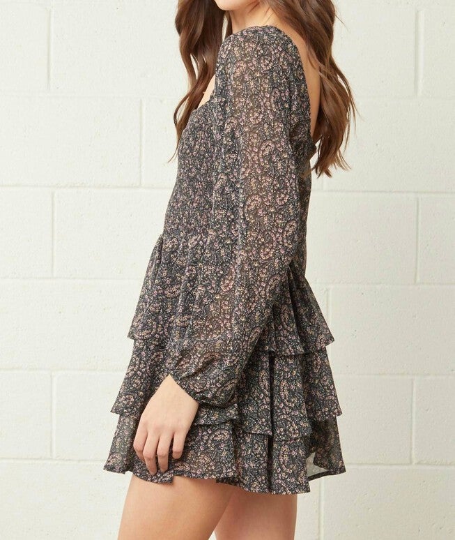 SQUARE NECK LONG SLEEVE ROMPER IN BLACK/FLORAL PRINT, , alternate image number null