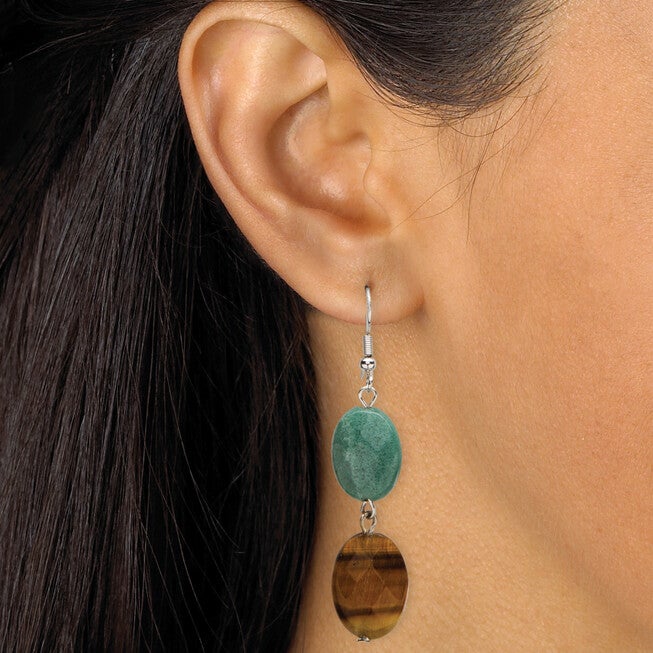 Genuine Jasper and Tiger's Eye Silvertone Necklace and Earrings Set, Brown / Brown, alternate image number 2