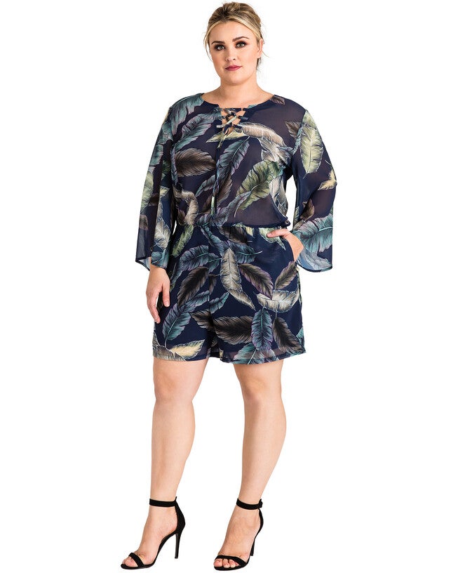 Chiffon Barbie Bell Sleeve Lace-Up Romper, LEAFPRINT / Navy, hi-res image number 0