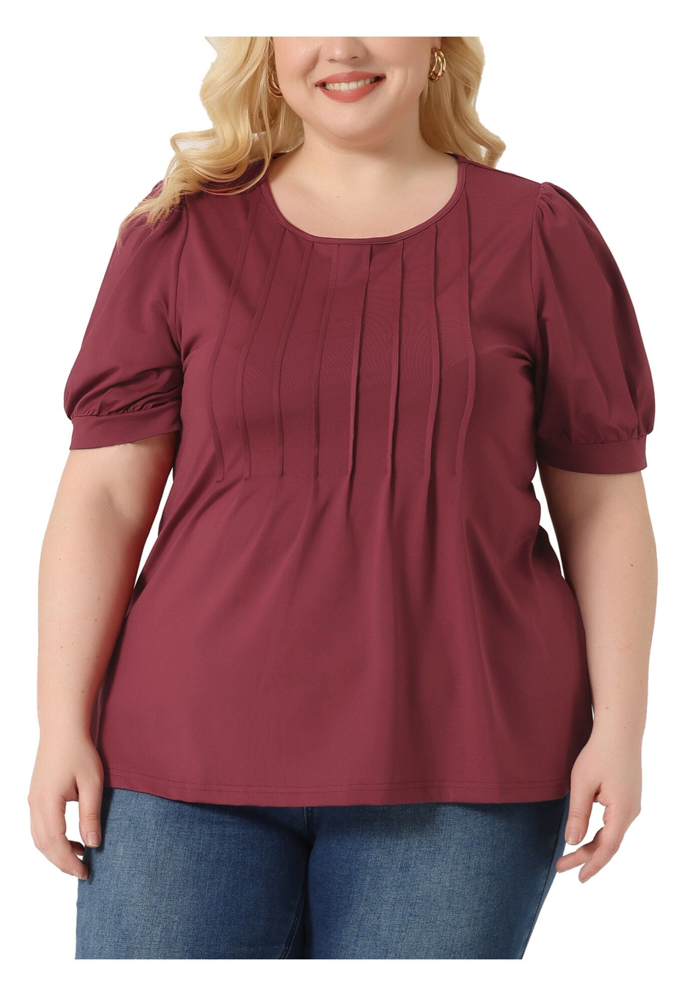 Puff Short Sleeve Crew Neck Pleated Tunic Blouse, Burgundy / Burgundy, alternate image number 2