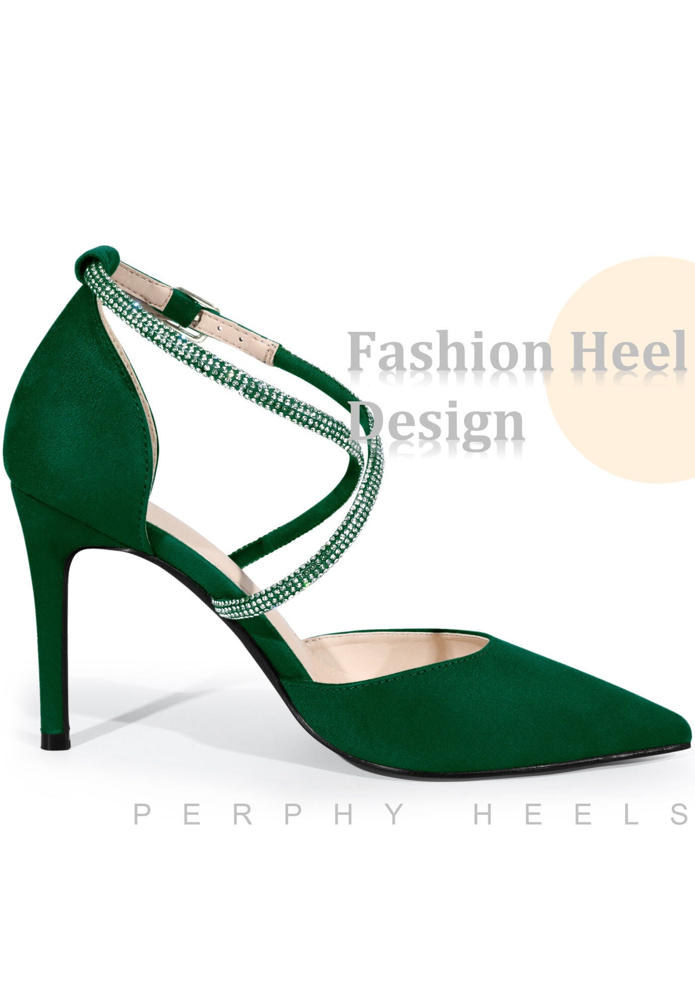 Pointed Toe Crisscross Rhinestone Stiletto Heel Pumps, Green / Hunter Green, alternate image number 3