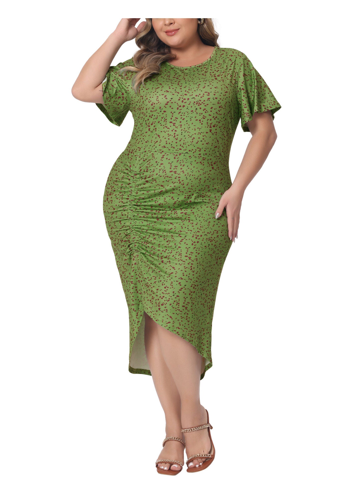 Polka Dots Ruched Round Neck Short Sleeve Wedding Cocktail Bodycon Dress, Green / Forest Green, alternate image number 1