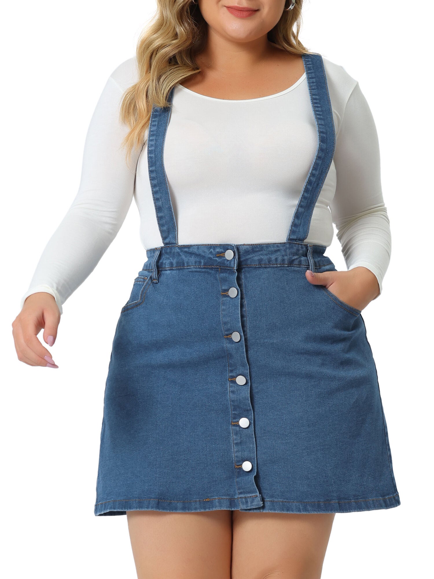 Suspender Skirt Adjustable Strap Cross Back Mini Denim A-Line Overall Dress, Blue / Chambray Denim Medium, hi-res image number 0