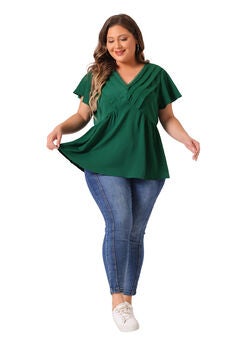 V NECK FLARE SLEEVE RUFFLE PEPLUM WRAP BLOUSE TOP