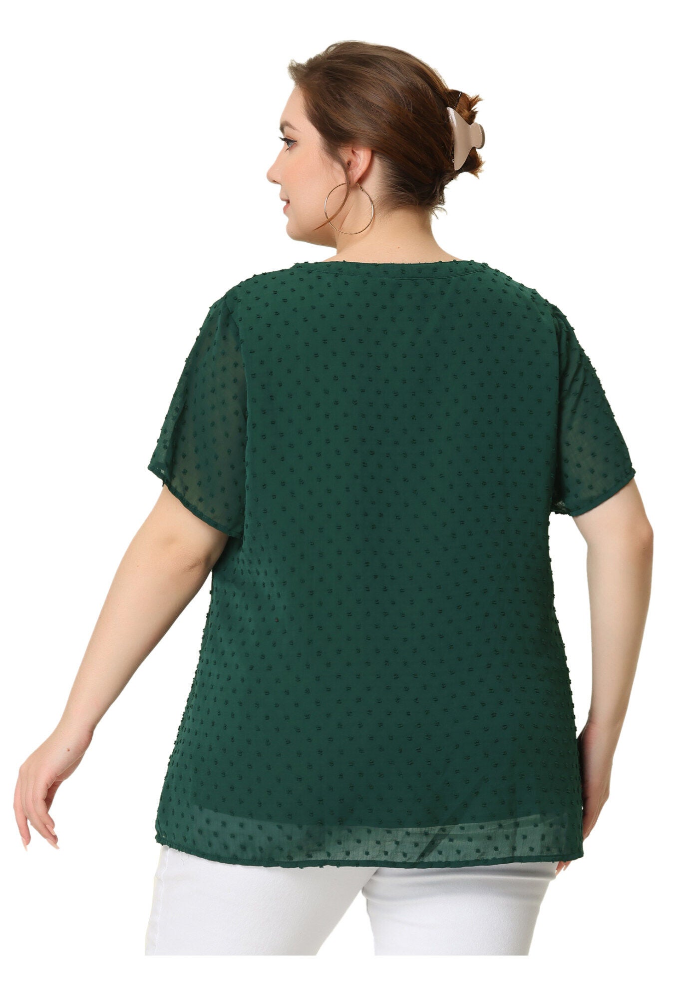 Swiss Dots Notched Neck Short Sleeve Basic Blouse, Dark Green / Hunter Green, alternate image number 3