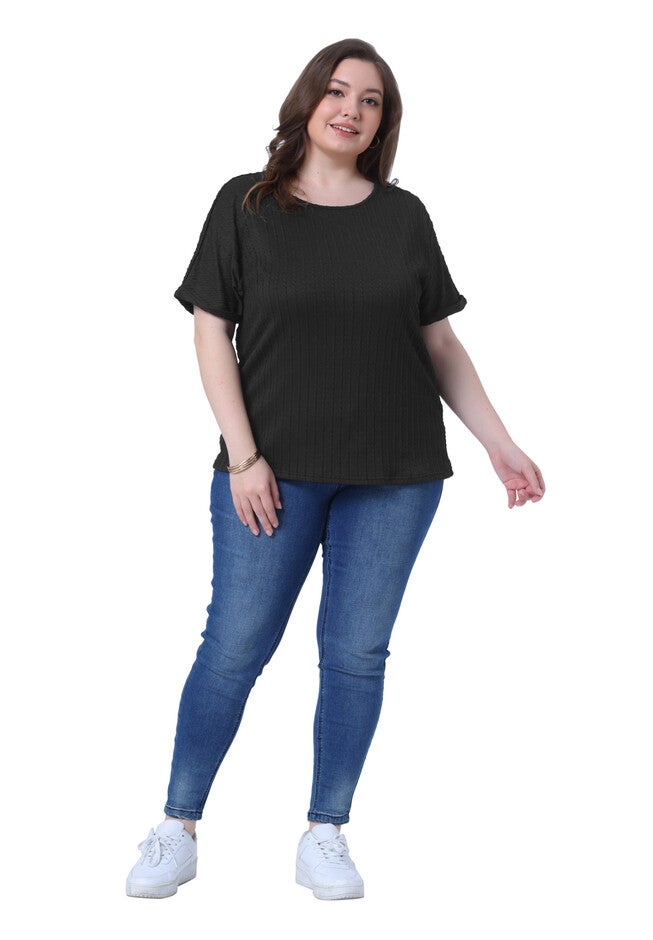 Textured Rolled Short Sleeve Crew Neck T-Shirts Blouses, Black / Black, hi-res image number 0