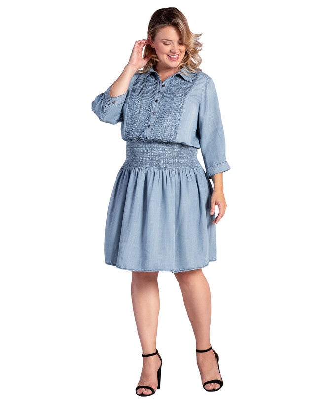 Women's Plus Size Tencel Smocked Waist Midi Shirt Dress, Blush Indigo / Light Blue, alternate image number 2