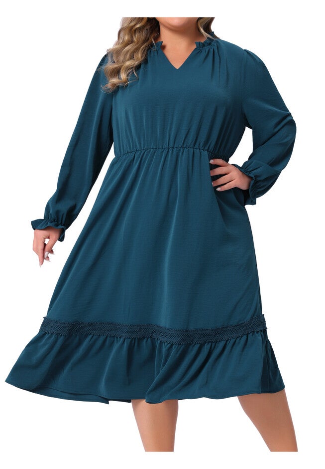 Ruffle V Neck Midi A-Line Layered Fall Dress, Peacock Blue / Teal, alternate image number 1