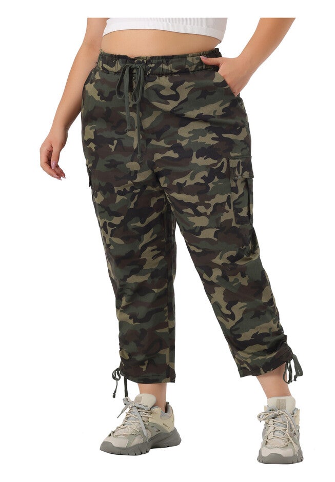 DRAWSTRING ELASTIC WAIST CARGO PANTS, Camouflage / Forest Green, alternate image number 2