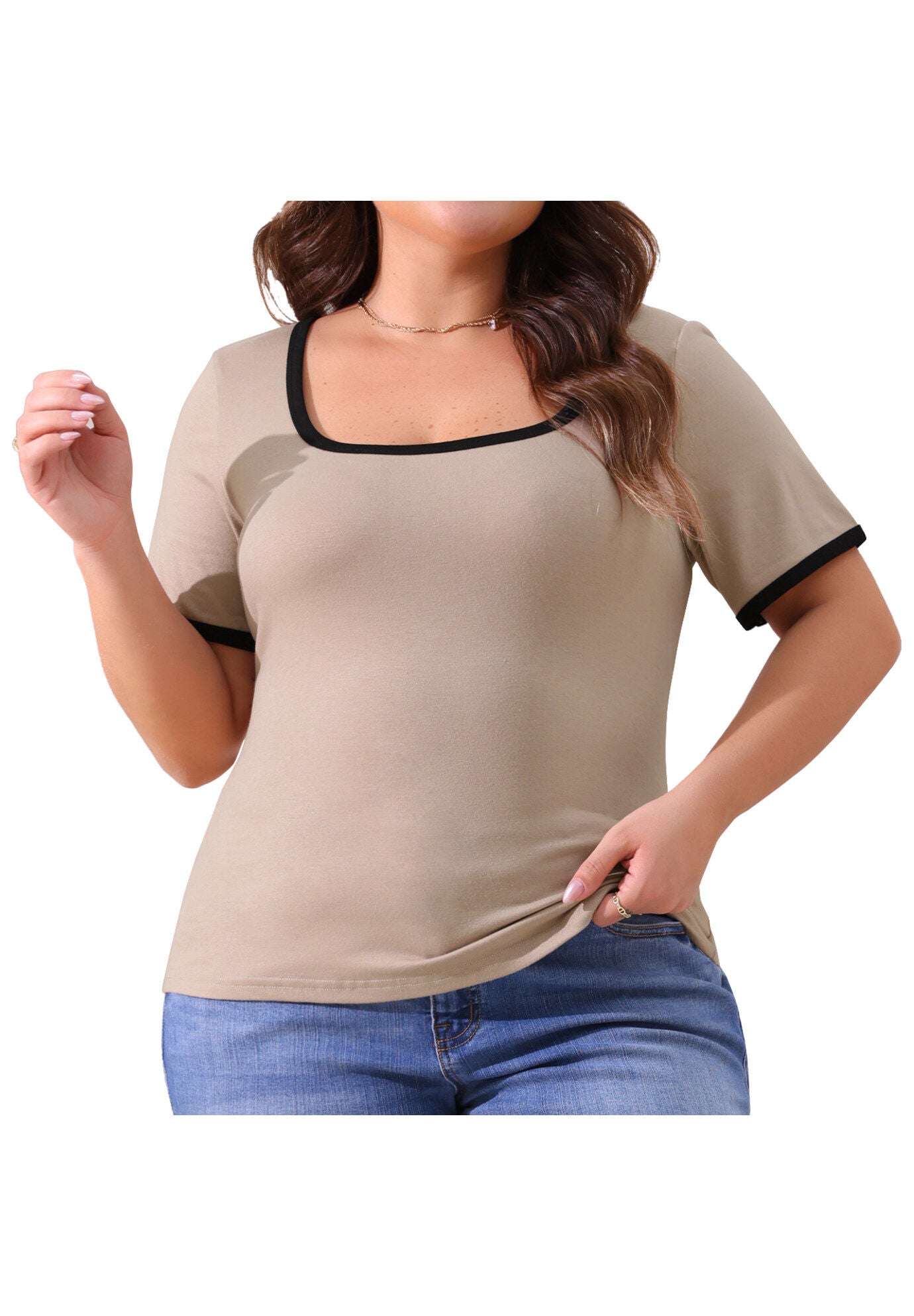 Square Neck Short Sleeve T-Shirt Ribbed Knit Color Block Slim Top, Light Camel / Beige, alternate image number 1