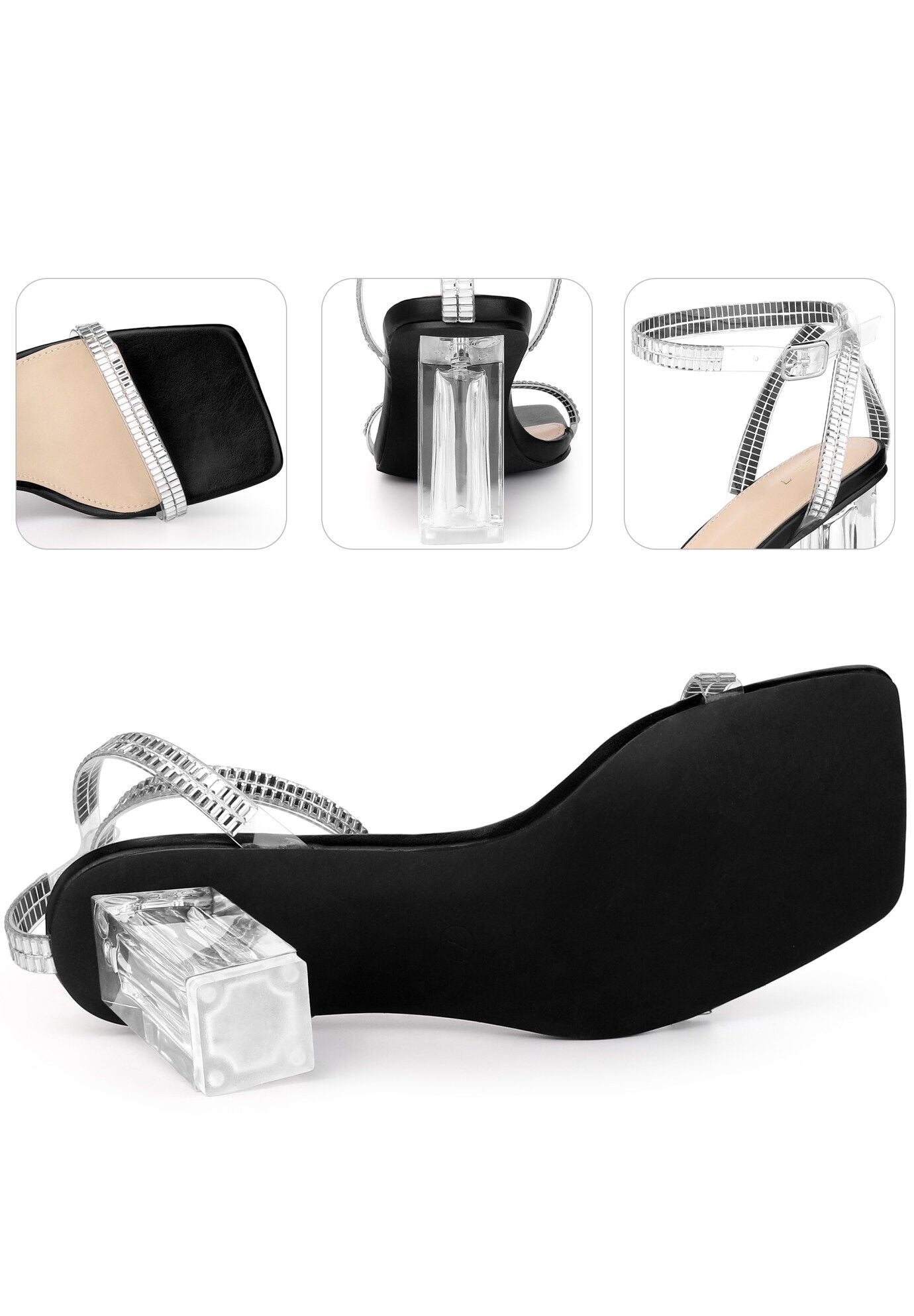 Square Toe Rhinestone Strap Clear Block Heels Sandals, Black / Black, alternate image number 3