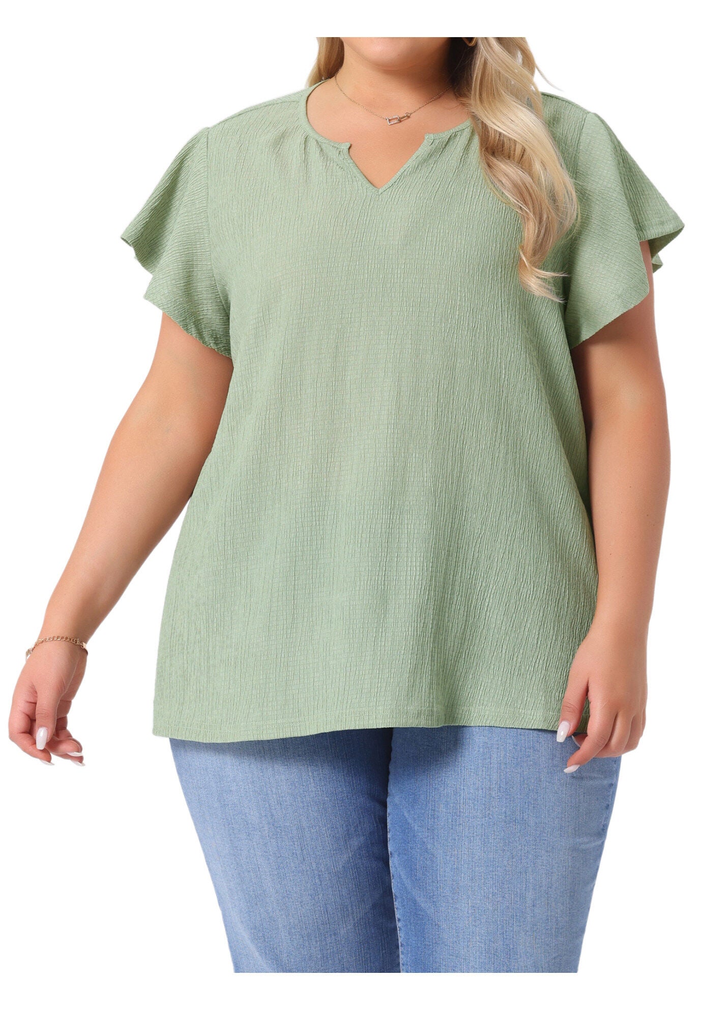 V Neck Ruffle Short Sleeve Summer Blouse, Green / Olive Green, alternate image number 2