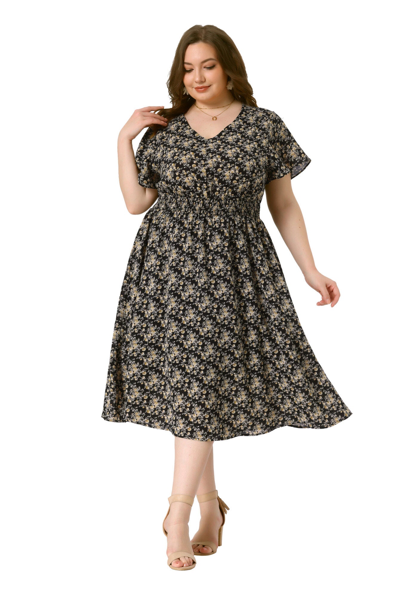 Summer Floral Print V Neck Smocked A-Line Flowy Midi Dress, Black / Black, hi-res image number 0