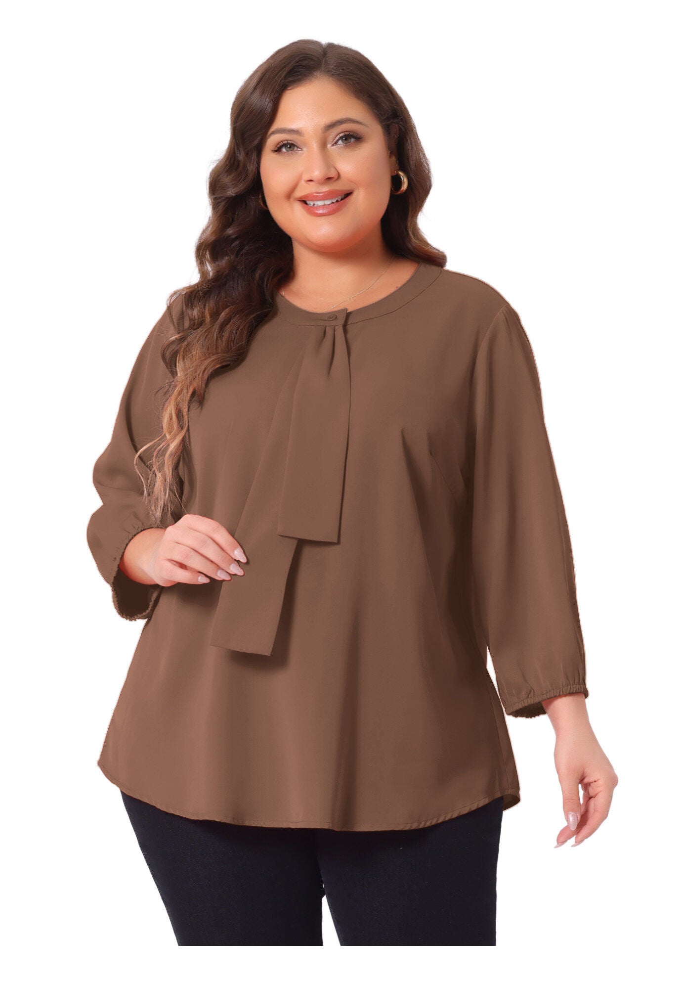 Work Round Neck Ruffle Chiffon Blouse Top, Dark Brown / Brown, alternate image number 2