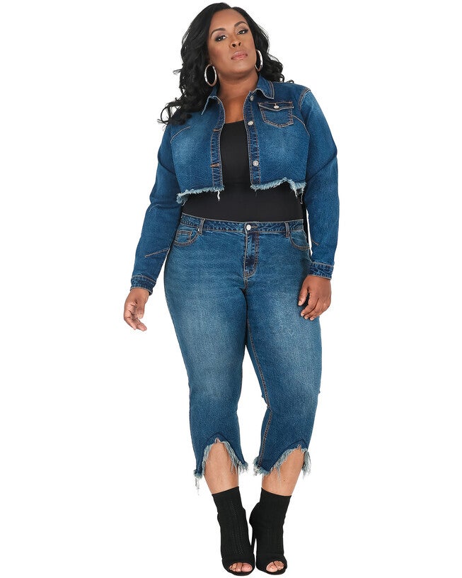 Plus Size Kaye Indigo Tinted Cropped Denim Jacket - Frayed Hem & Hanging Strap Detail, , alternate image number null