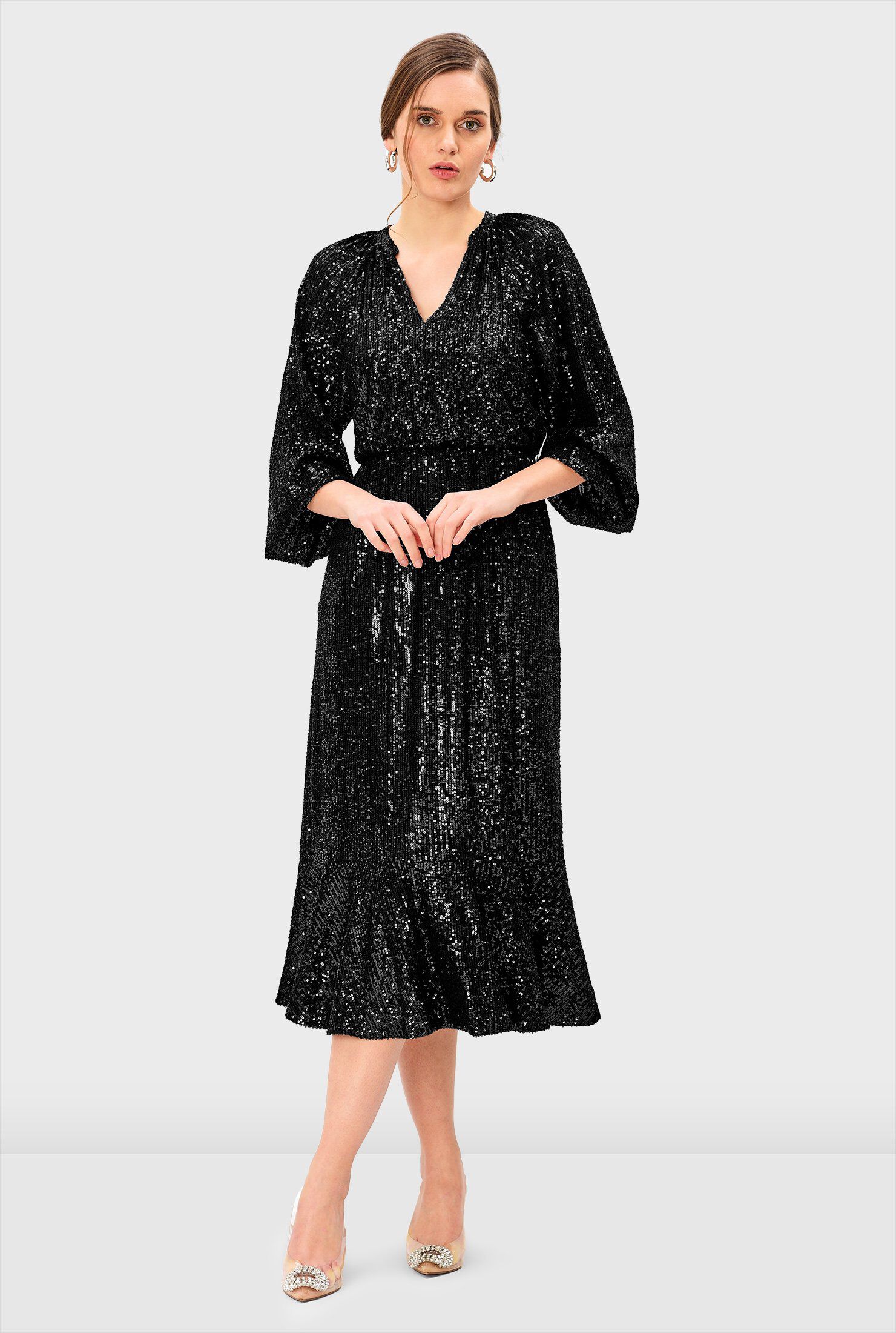 Sequin Mesh Ruffle Flounce Dress, Black / Black, alternate image number 1