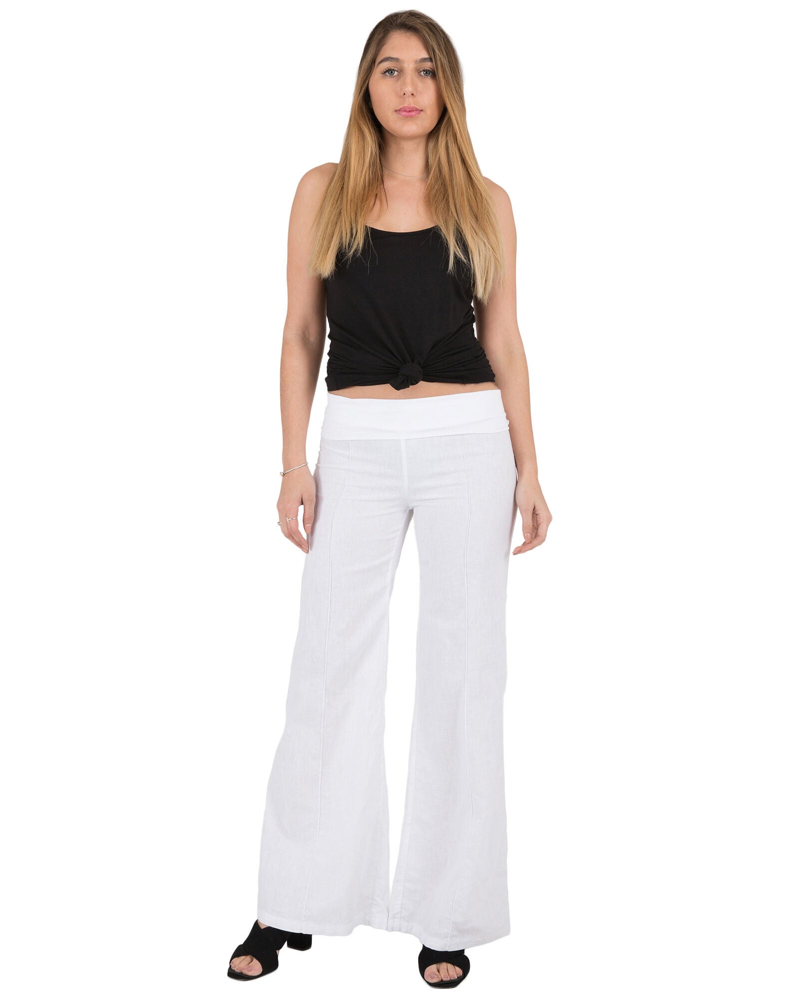 S & P Women&#39;s Linen-Cotton Wide Leg Yoga Pants With Fold-over Elastic Waist, White / White, alternate image number 4