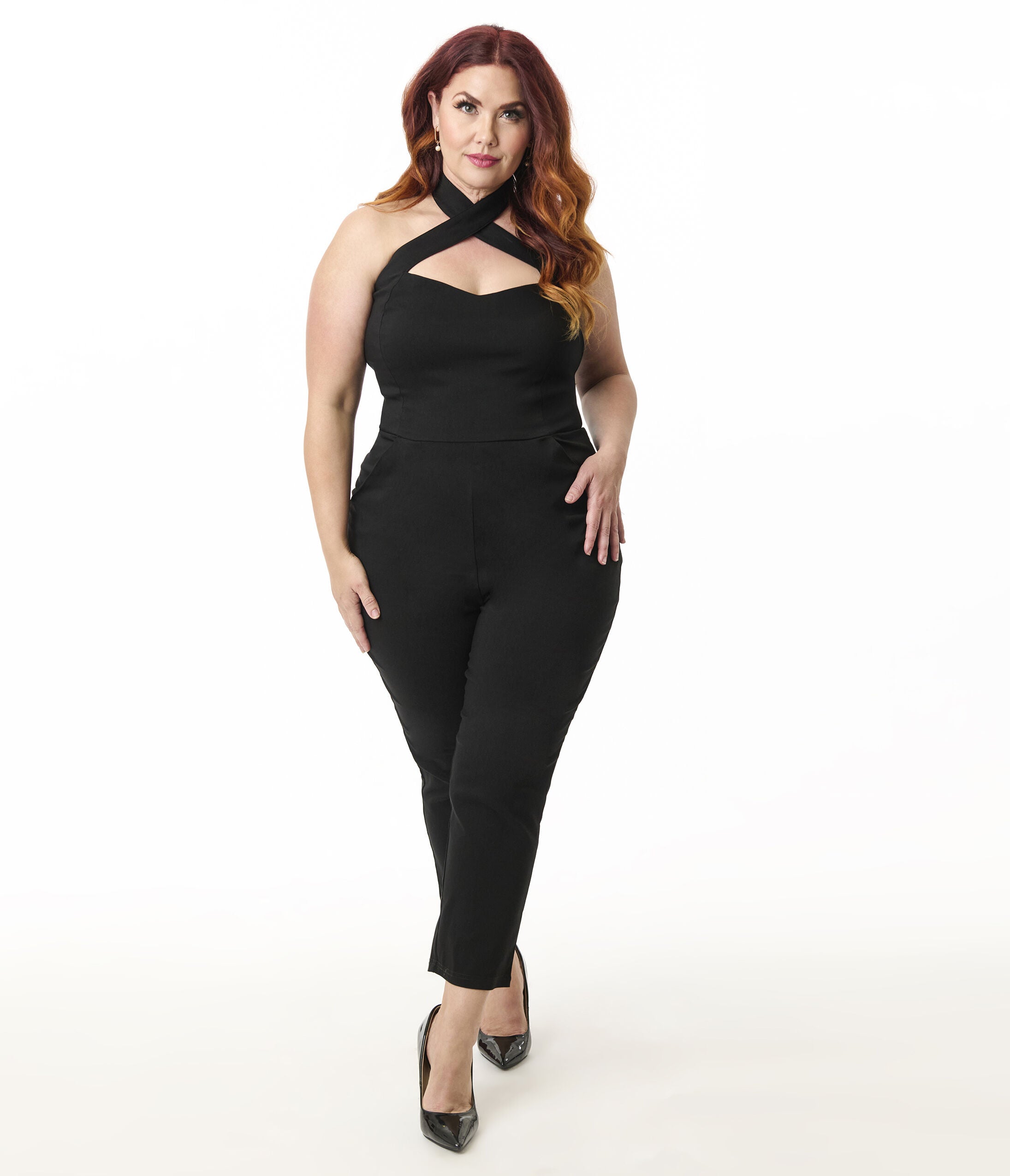 Unique Vintage Plus Size Black Criss Cross Halter Jumpsuit, Black / Black, hi-res image number 0