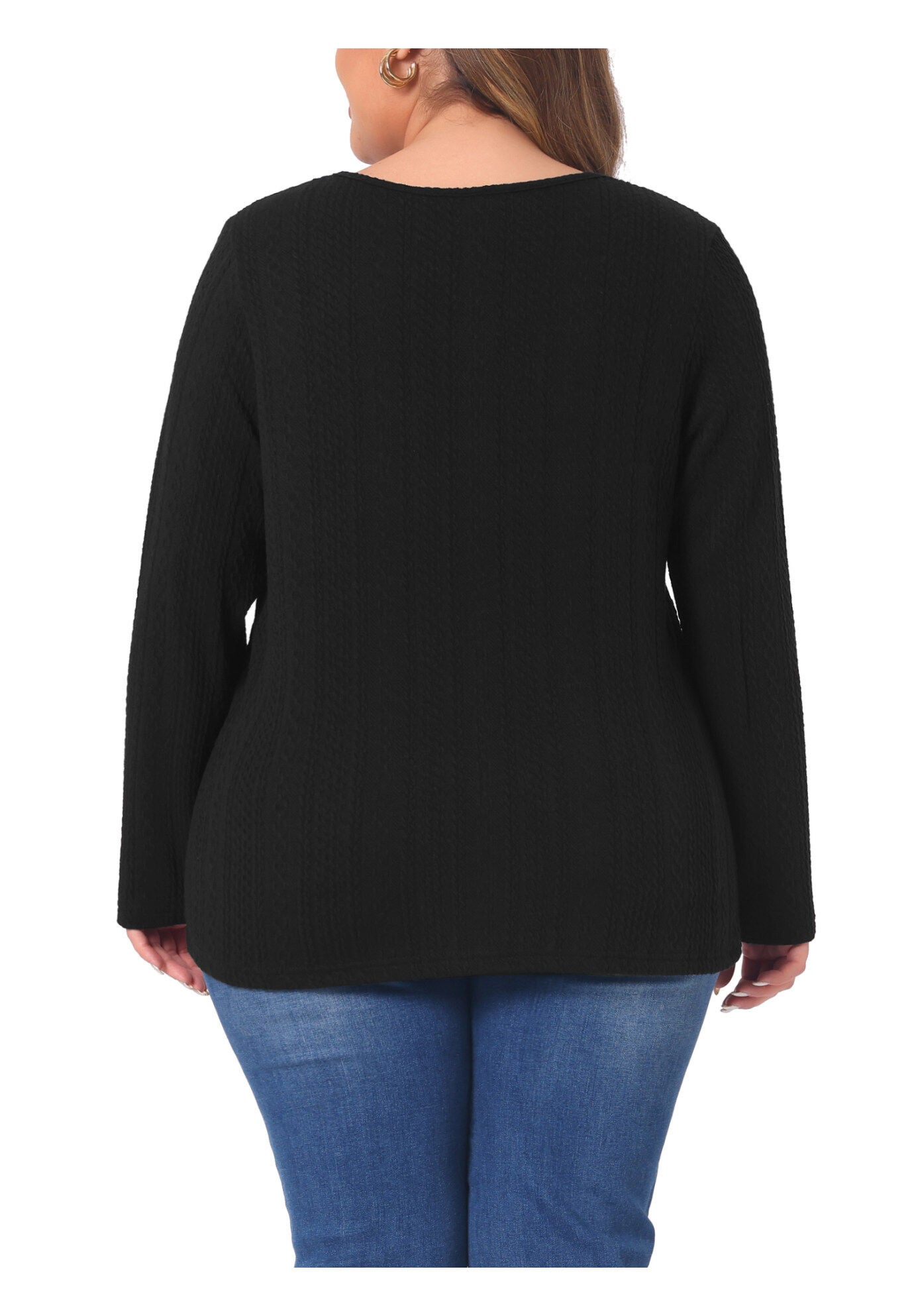 V Neck Long Sleeve Basic Knit Top Tee T-Shirt, Black / Black, alternate image number 3