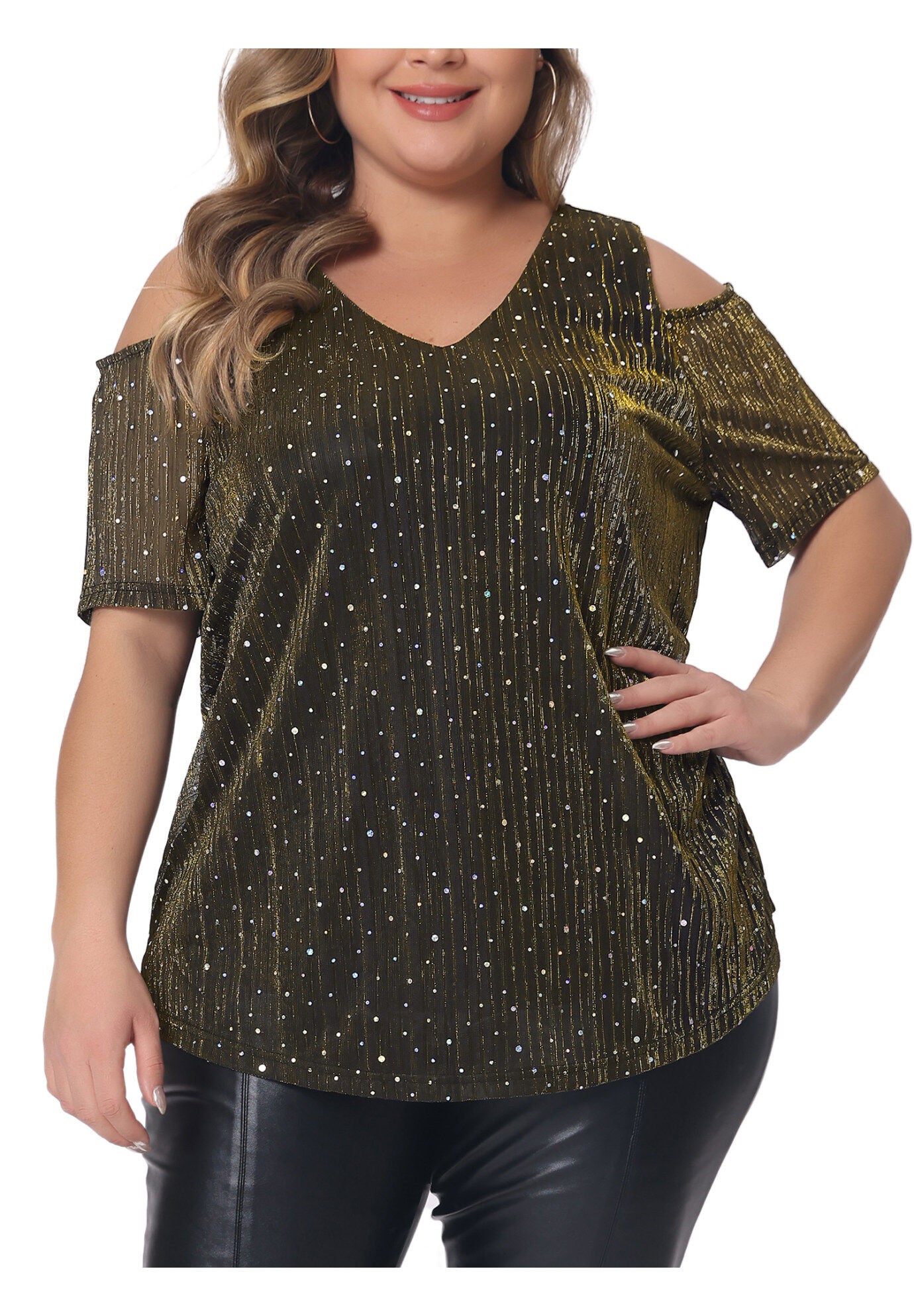GLITTER SEQUIN COLD SHOULDER SHORT SLEEVE TOP, Gold / Gold, alternate image number 2