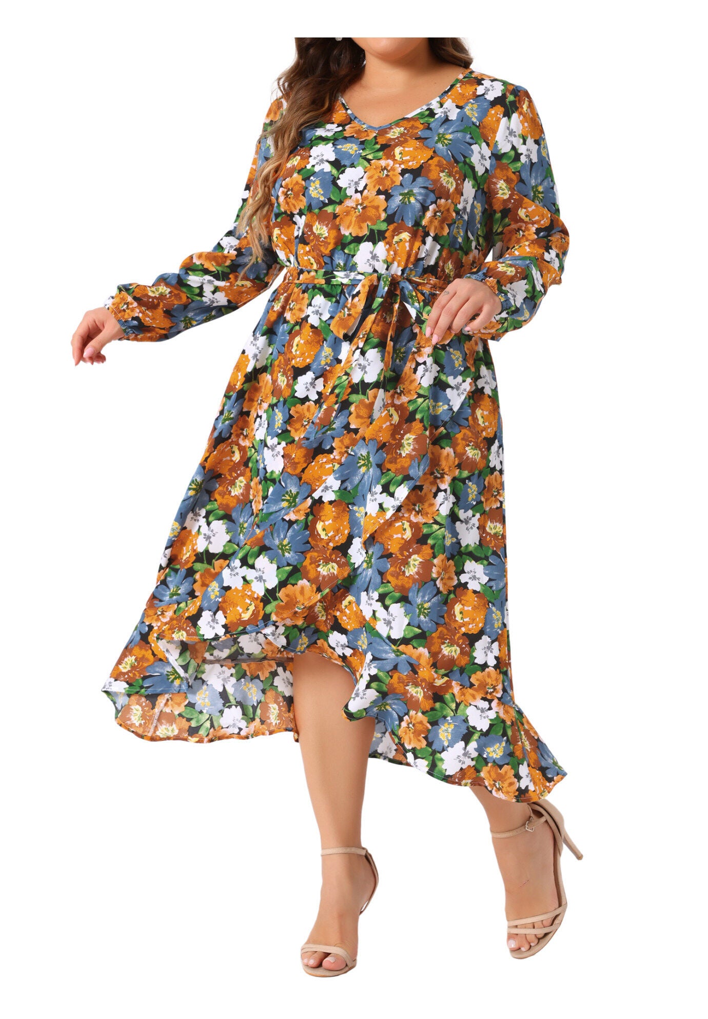 V Neck Long Sleeve Ruffle Chiffon Flowy Floral Maxi Dress with Belt, Black / Black, alternate image number 2