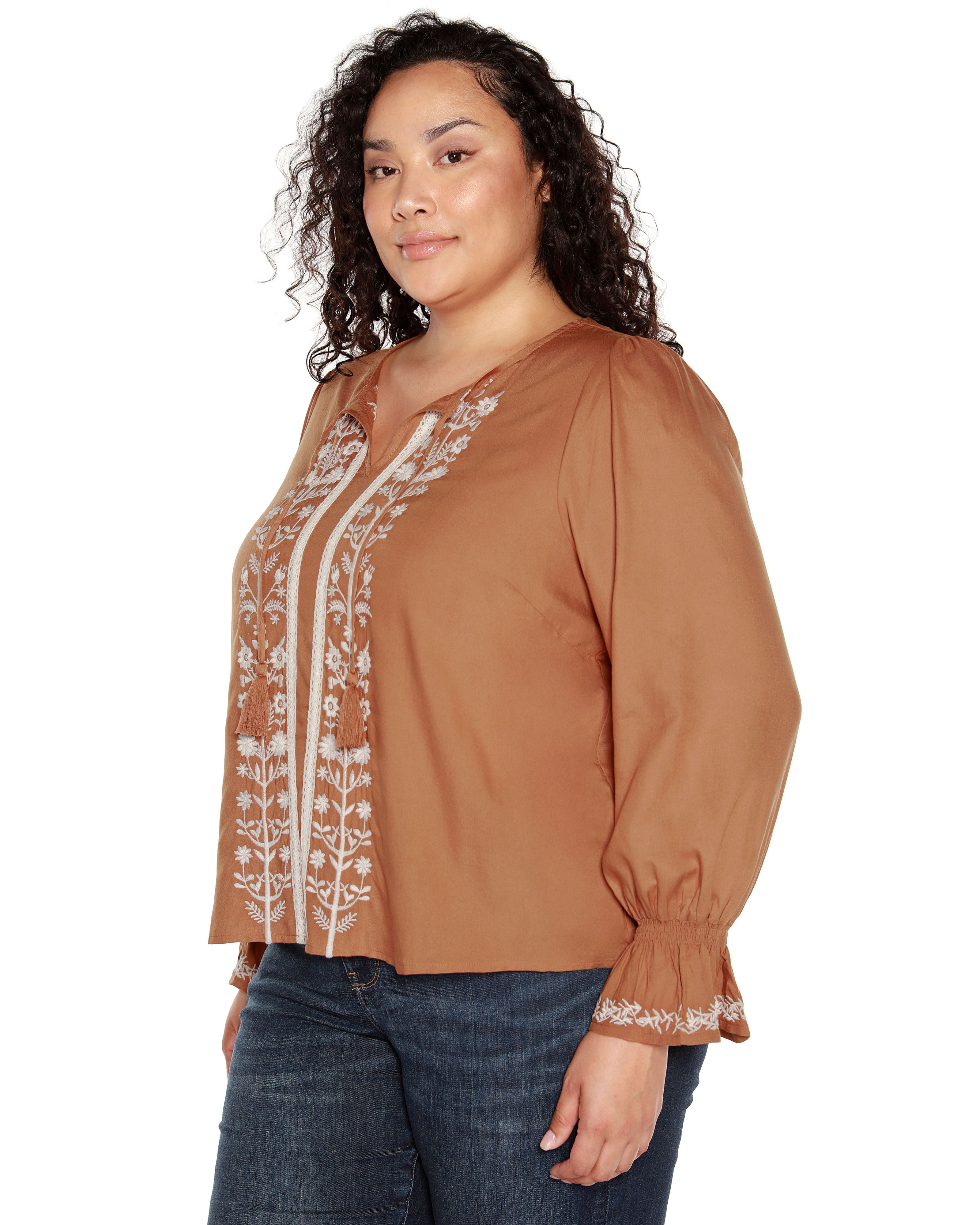 TIE-NECK EMBROIDERED-FRONT BLOUSE, Iced Latte / Brown, alternate image number 2