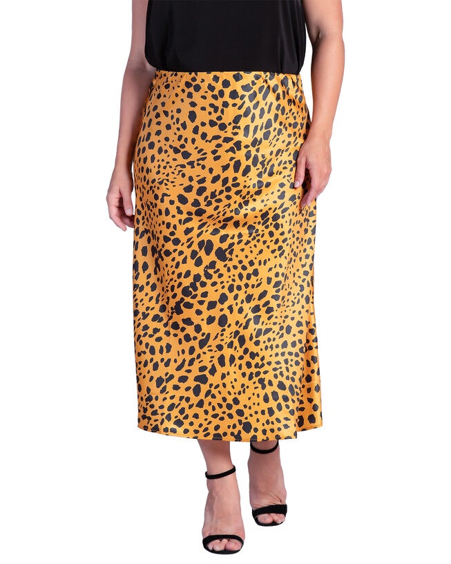 Women's Plus Size Silky Sateen Leopard Print Midi Skirt, Gold Print / Gold, hi-res image number 0