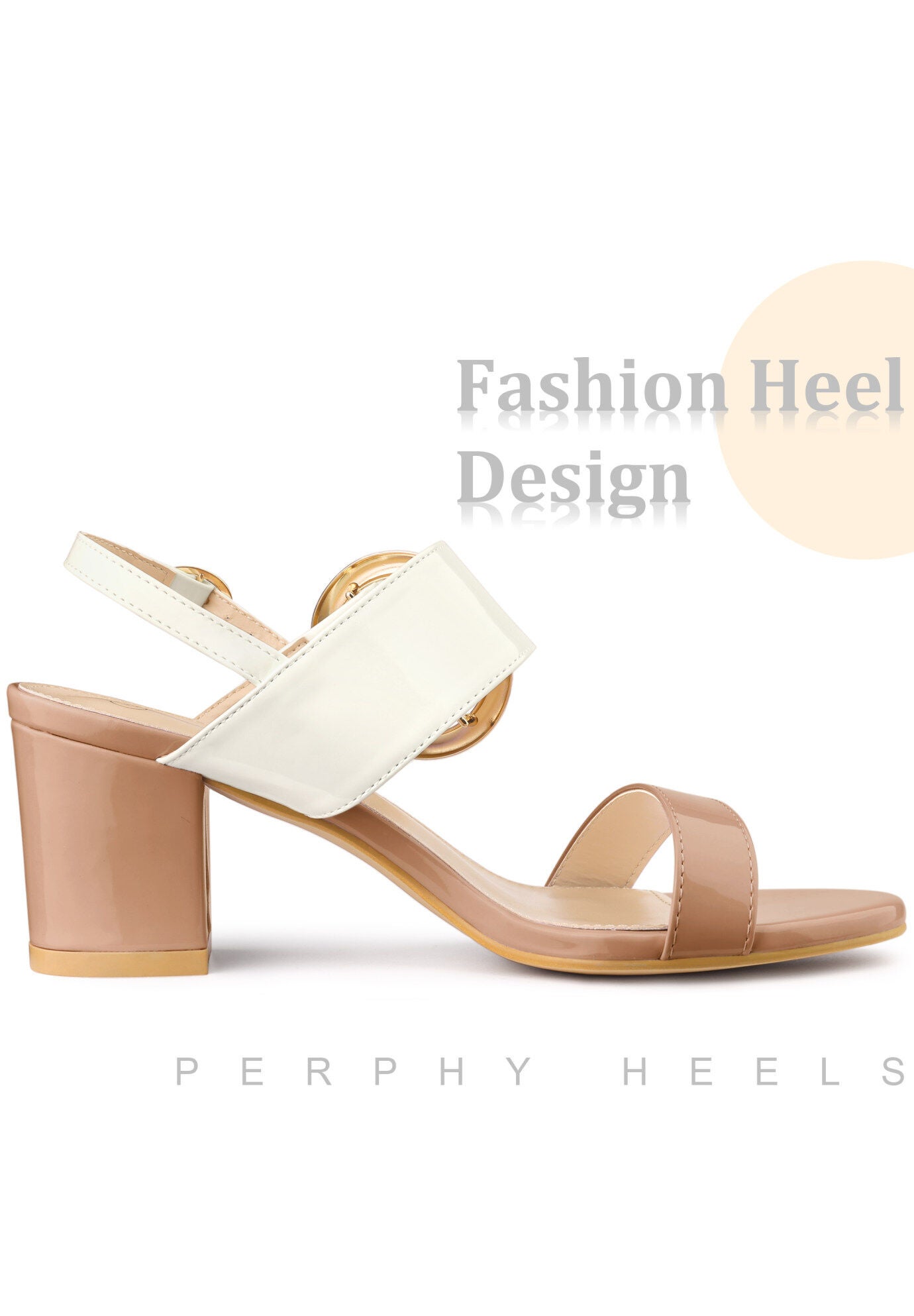 Slingback Buckle Two Straps Chunky Heel Sandals, Nude / Beige, alternate image number 3