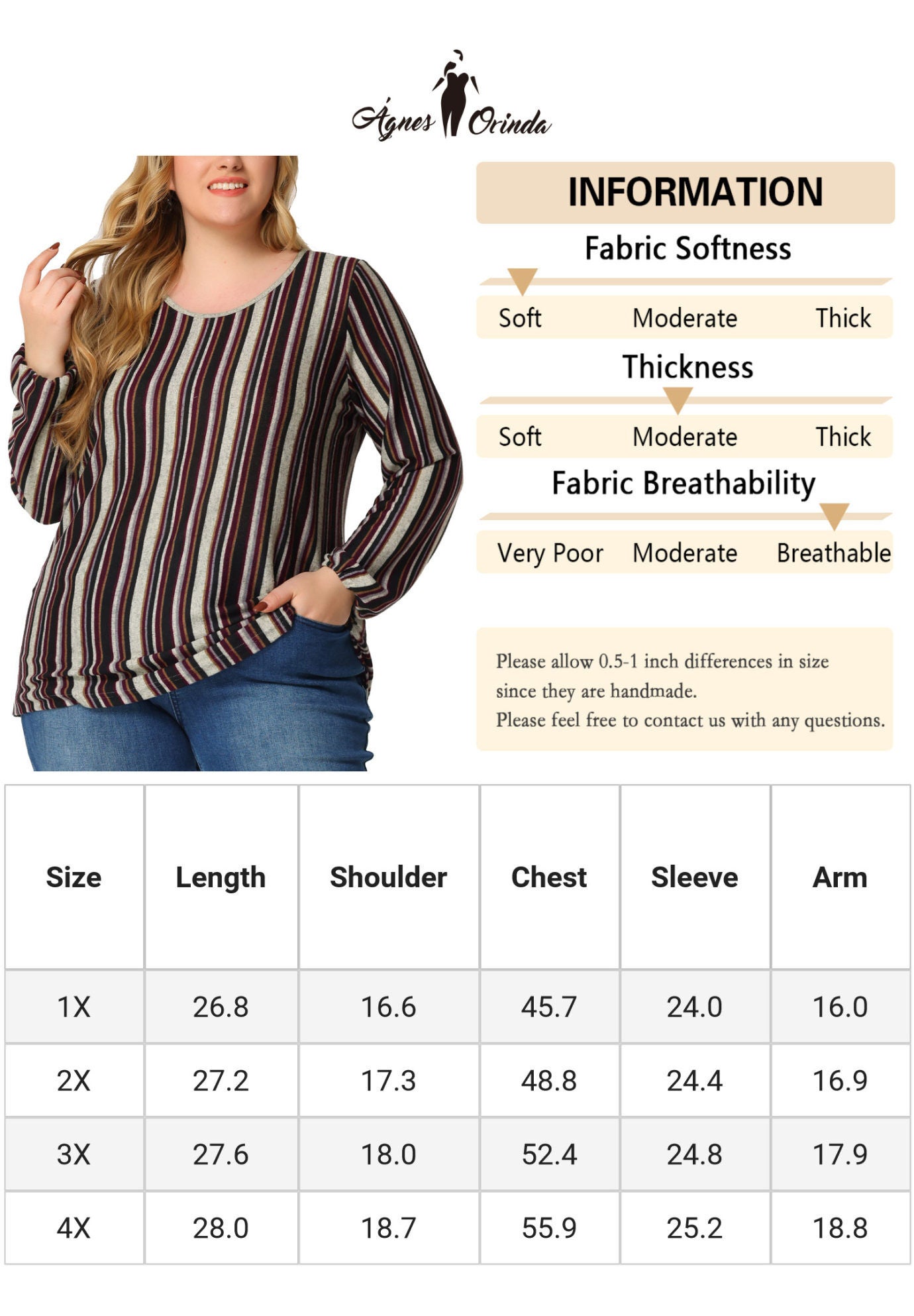 Boho Color Block Elastic Cuff Long Sleeve Striped Top, Multicolor B / Brown, alternate image number 2