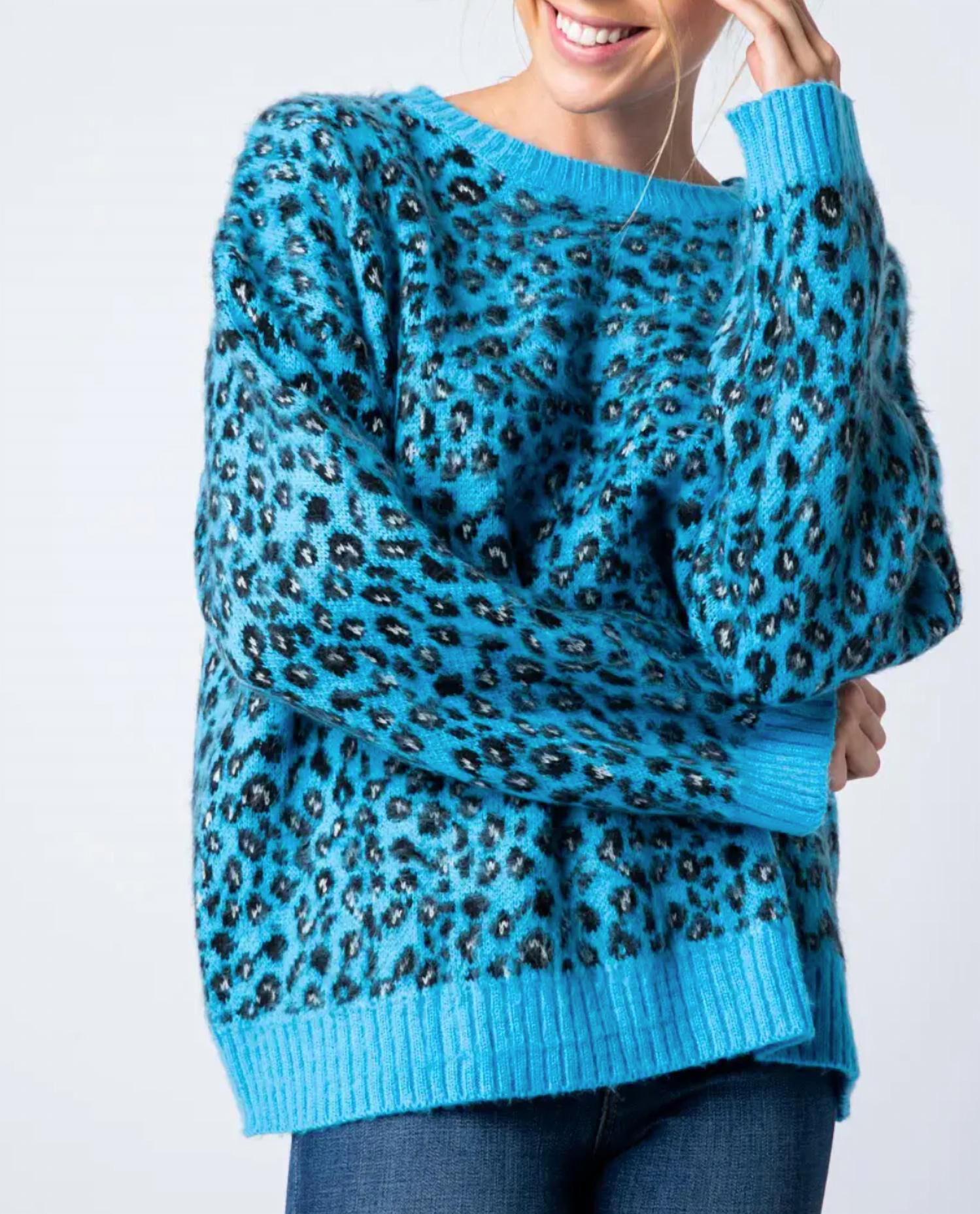 LEOPARD MOHAIR CREWNECK SWEATER IN BLUE, Blue / Cobalt, hi-res image number 0