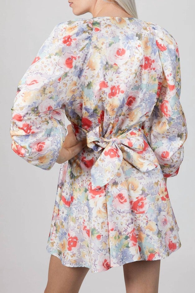 MINI DRESS WITH BOW IN PASTEL FLOWER PRINT, Pastel Flower Print / Pink, alternate image number null