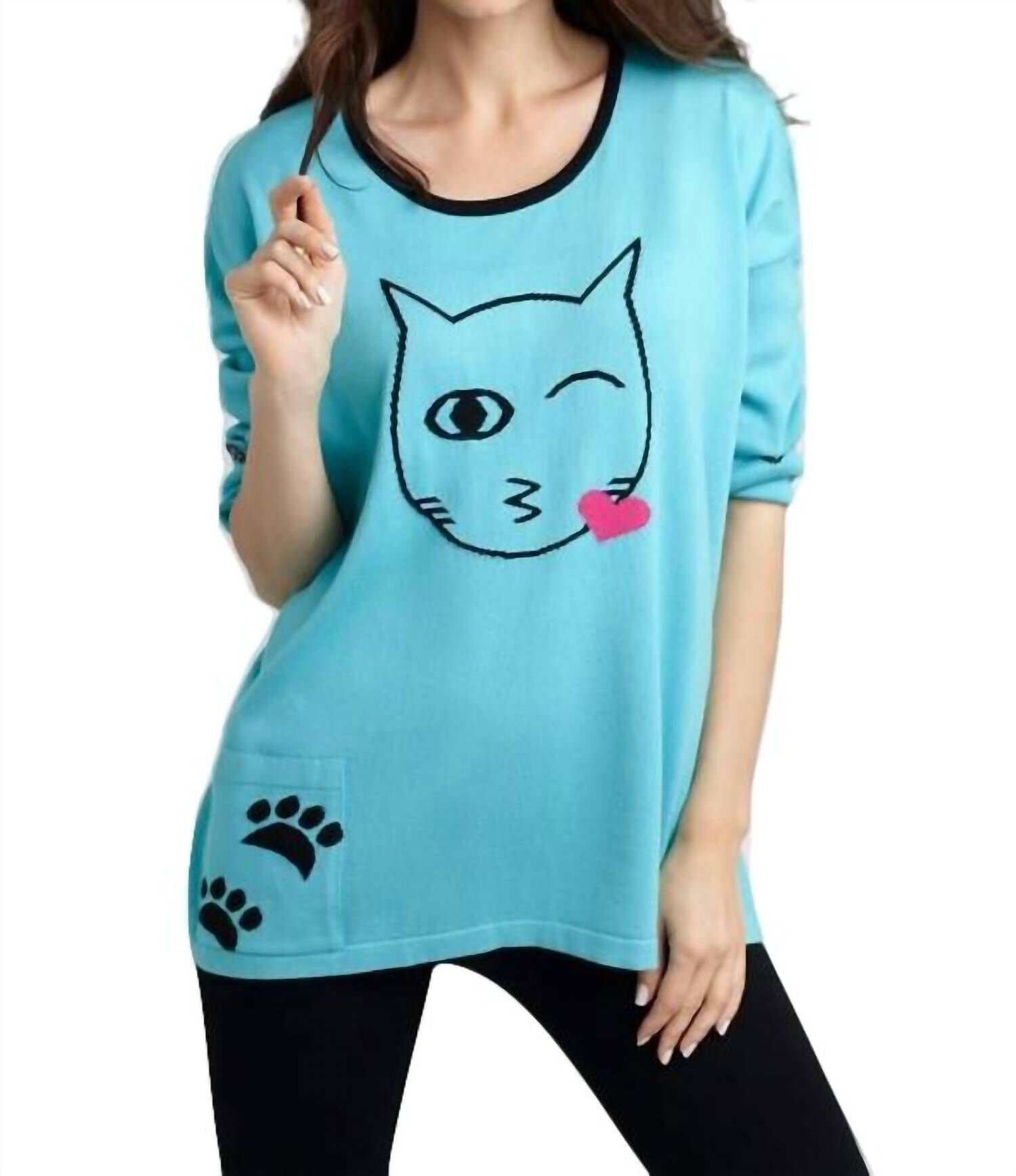 CAT KISS GRAPHIC SWEATER IN TURQUOISE/BLACK, TurquoiseBlack / Black, hi-res image number 0