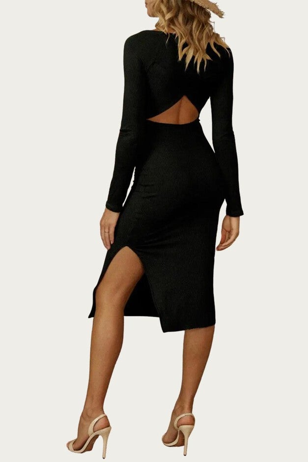 SOLID RIB CROSS FRONT MIDI DRESS IN BLACK, Black / Black, alternate image number null