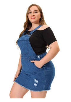 ADJUSTABLE STRAP DISTRESSED DENIM SUSPENDER SKIRT OVERALL DRESS