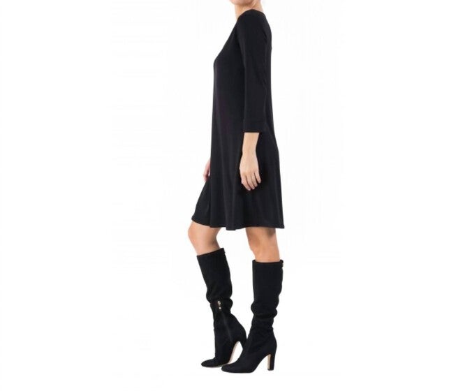 3/4 SLEEVE SCOOP NECK A LINE DRESS IN BLACK, , alternate image number null