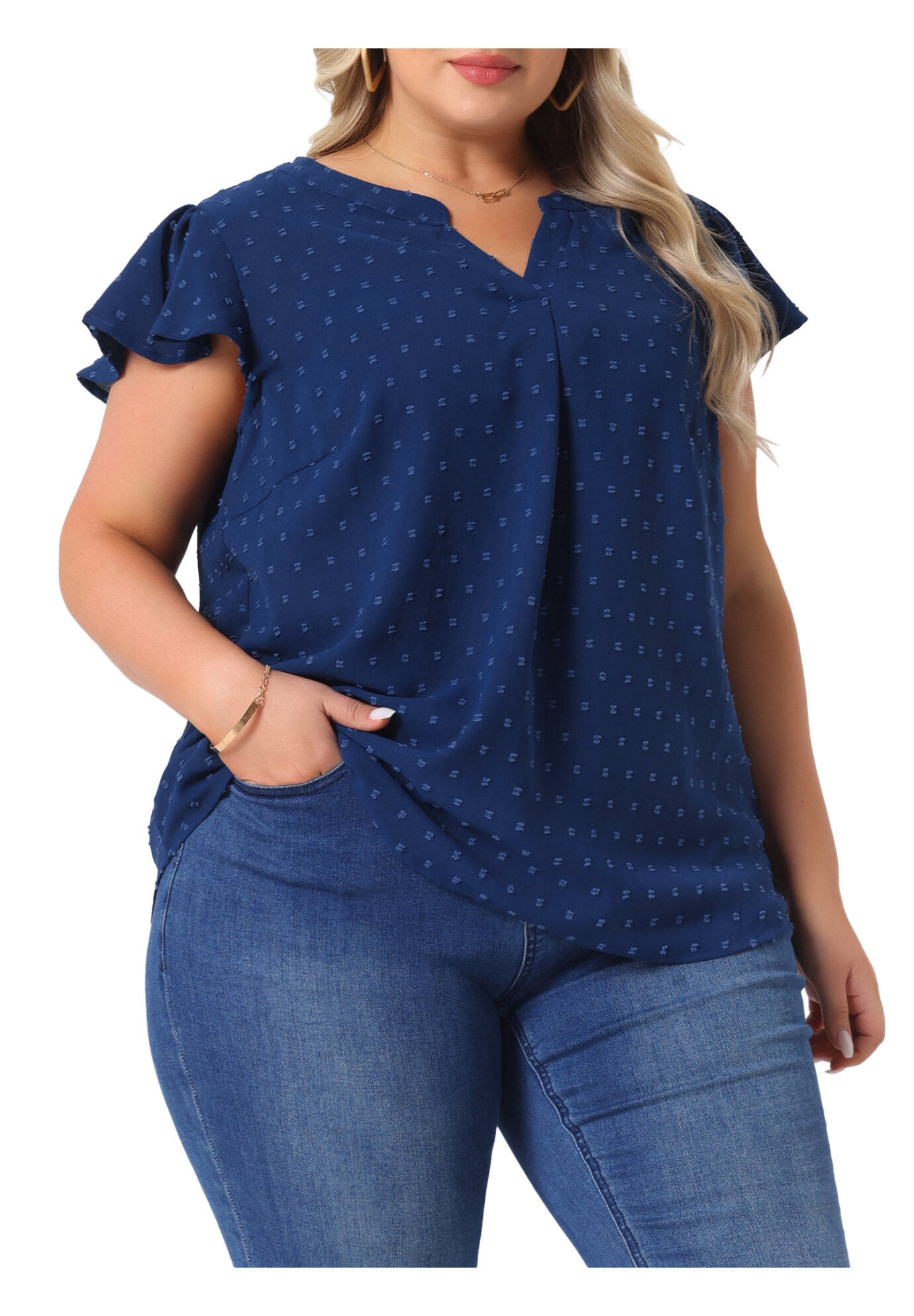 Swiss Dots Notched Neck Ruffle Sleeve Blouse, Dark Blue / Navy, alternate image number 1