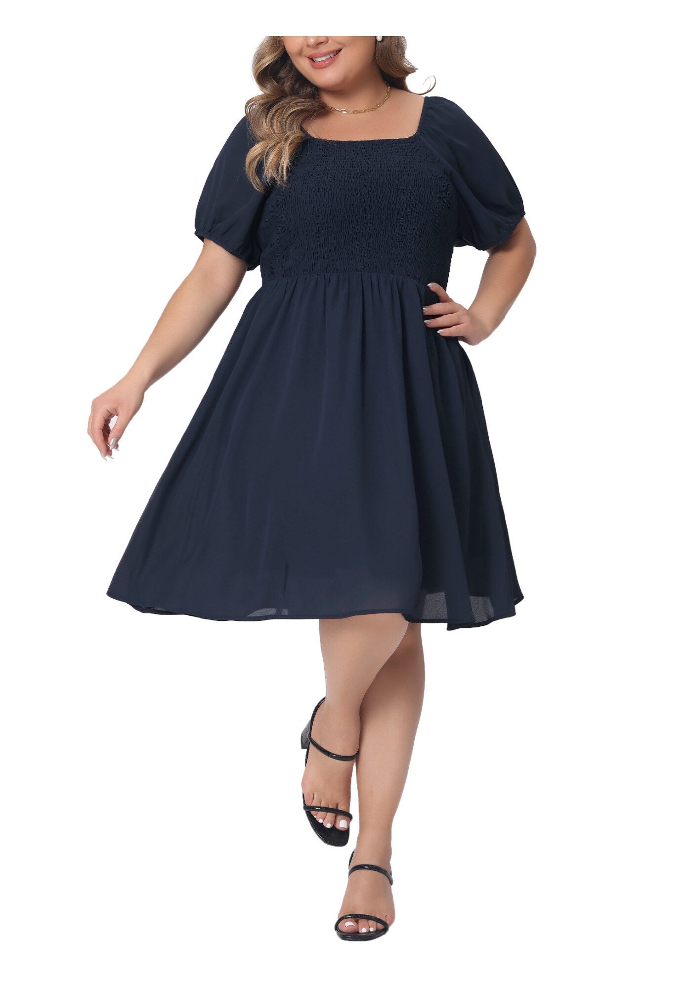 Smocked Square Neck Short Sleeve Stretchy Midi Dress, Navy Blue / Navy, alternate image number 2
