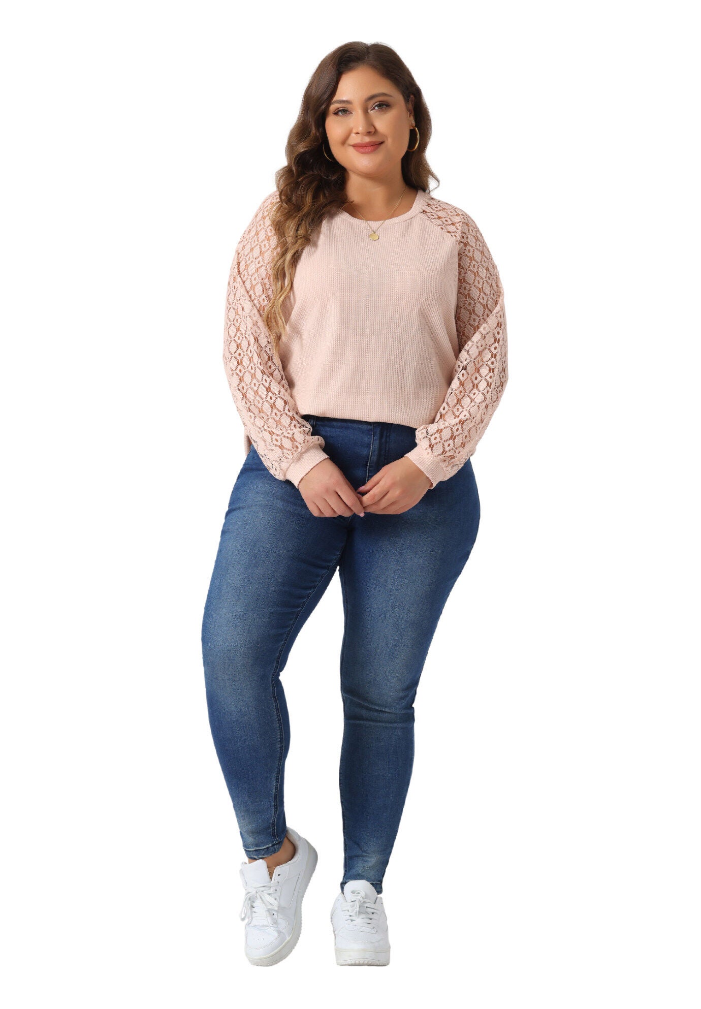 Lace Crew Neck Long Sleeve Loose Blouse, Light Pink / Pink, hi-res image number 0