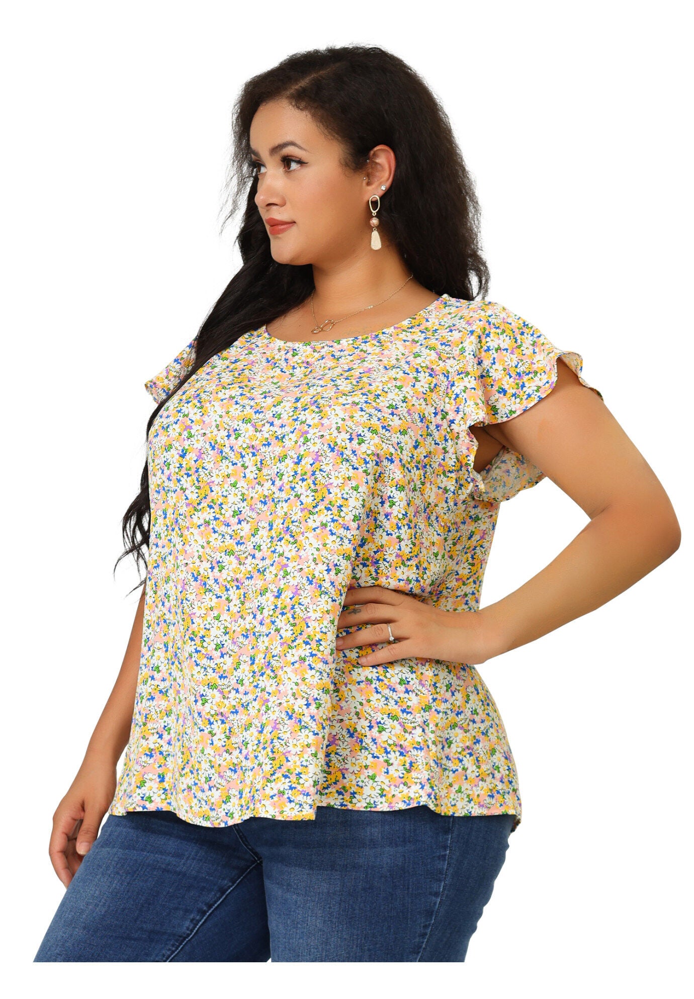 Summer Top Floral Round Neck Short Sleeves Ruffle Blouse, Pink / Pink, alternate image number 3