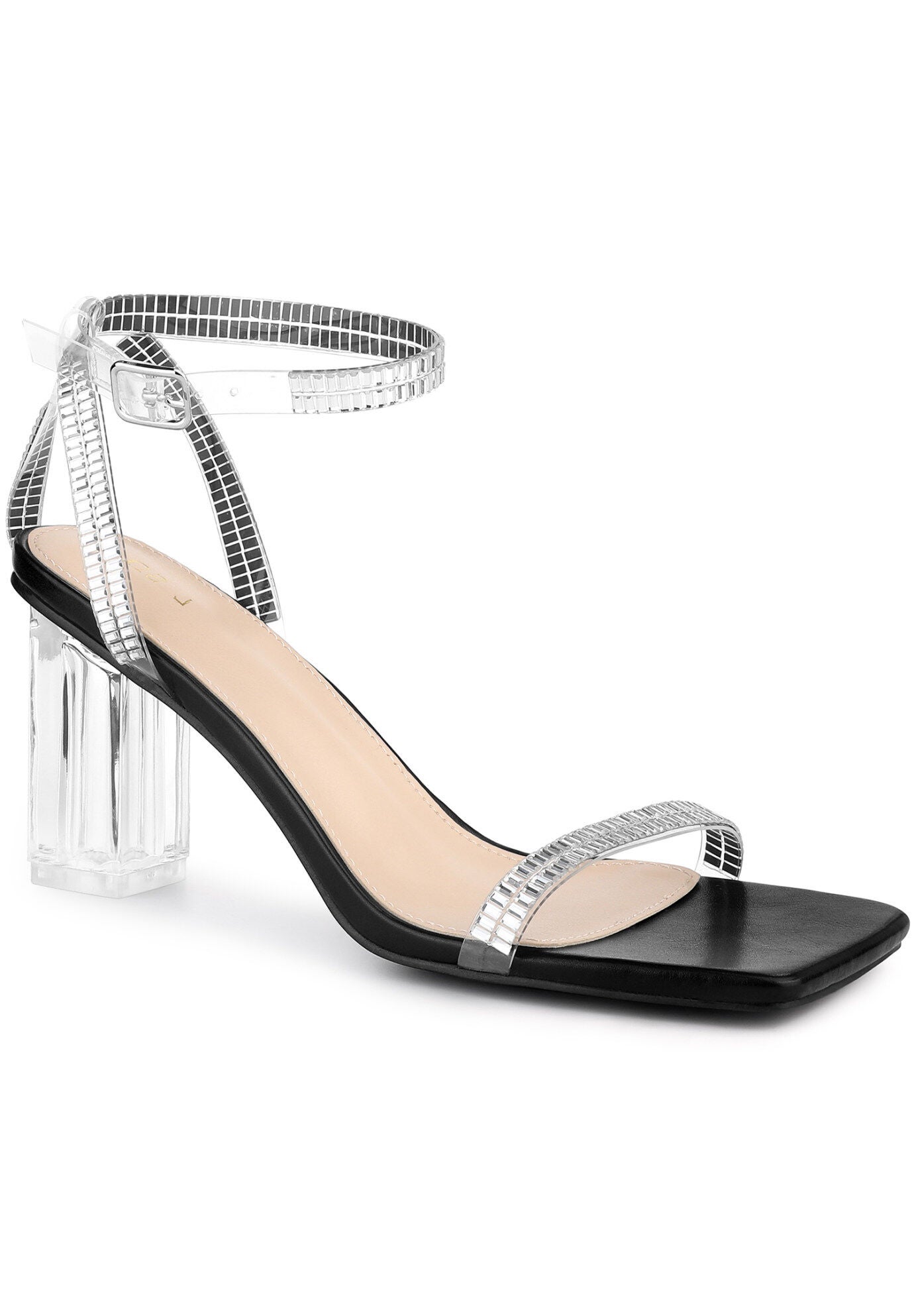 Square Toe Rhinestone Strap Clear Block Heels Sandals, Black / Black, hi-res image number 0