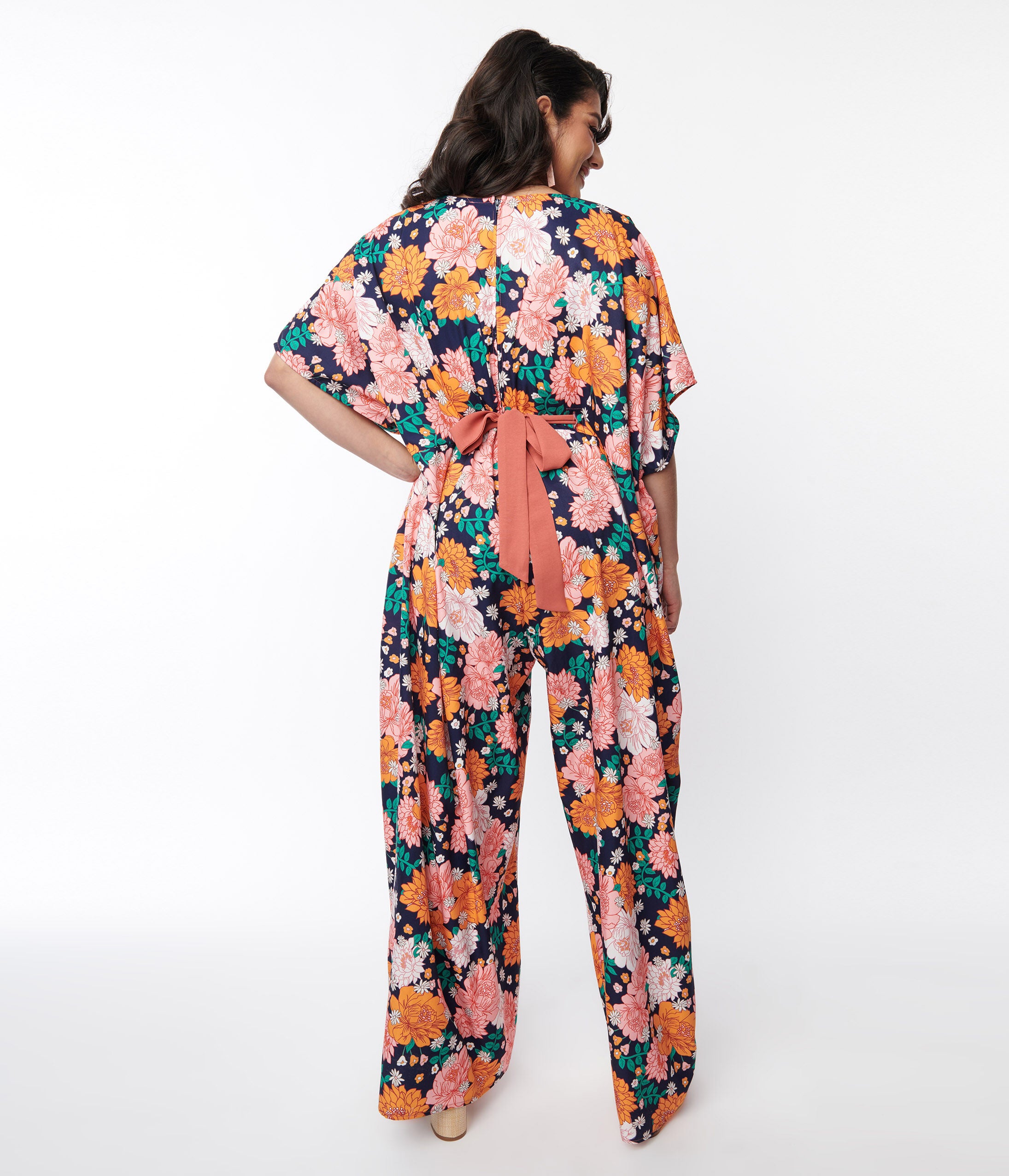Unique Vintage Navy & Pink Floral Caftan Jumpsuit, Blue / Navy, alternate image number 2