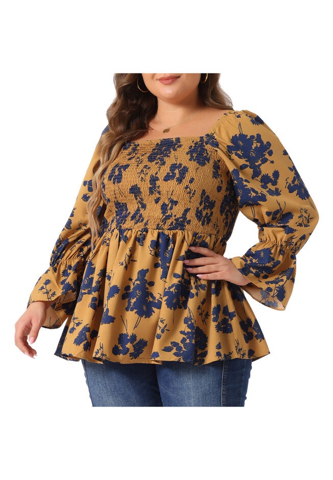 Floral Square Neck Smocked Peplum Blouses Shirts, Brown / Brown, alternate image number null