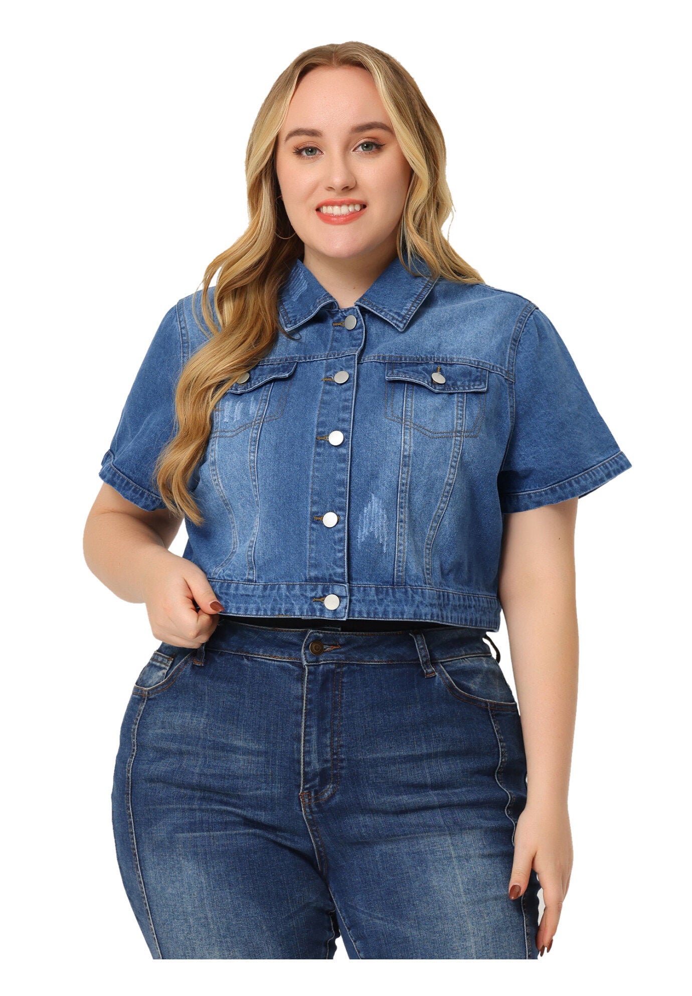 SHORT SLEEVE BUTTON DOWN CROPPED DENIM JACKET, Denim Blue / Light Blue, hi-res image number 0