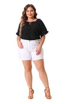 TIE NECK RUFFLE SHORT SLEEVE LACE CROCHET BLOUSE TOP