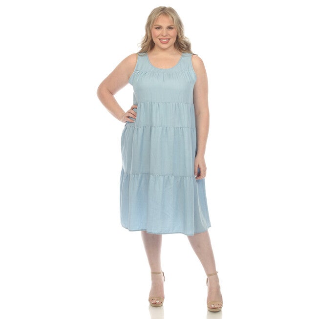 Sleeveless Tiered Chambray Midi Dress, Denim Blue / Chambray Denim Medium, hi-res image number null