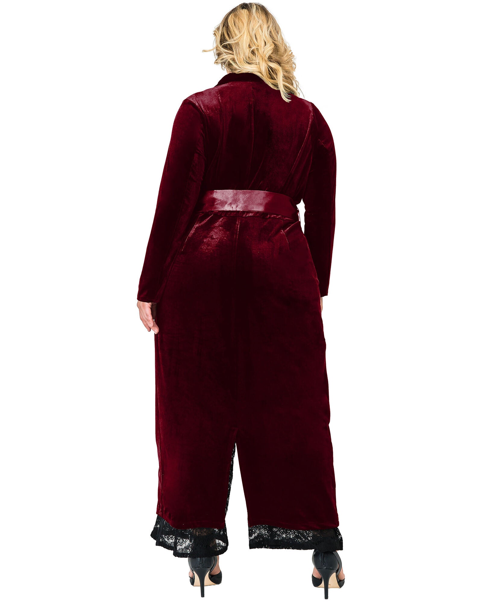 Plus Size Freya Stretch Velvet Wrap Midi Coat Dress With Satin Lapel And Satin Belt, DEEPRED / New Wine, alternate image number 1