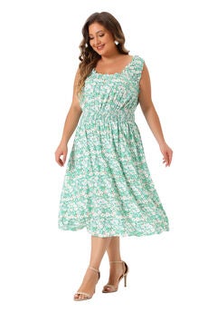 Square Neck Sleeveless Floral Flowy Stretchy Waist Midi Summer Dress