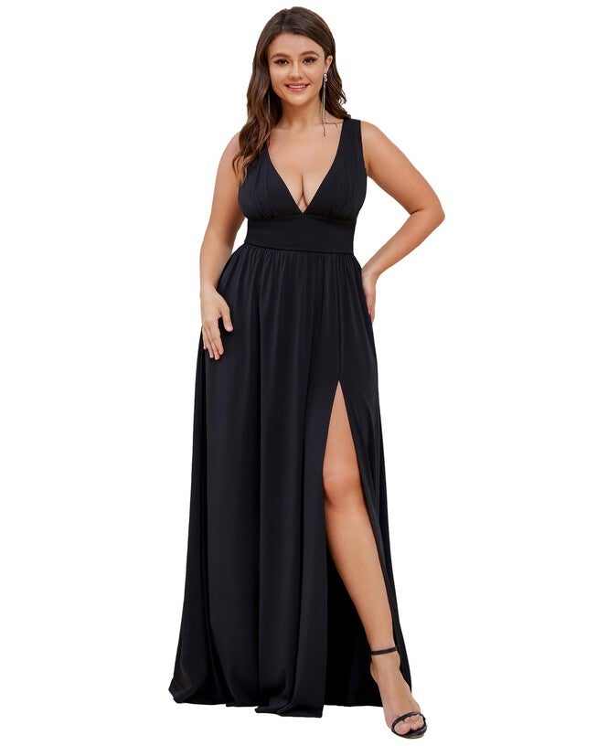 Sleeveless V-Neck Empire Waist High Slit Floor-Length Evening Dress | Dia & Co Sleeveless V-Neck Empire Waist High Slit Floor-Length Evening Dress | Dia & Co