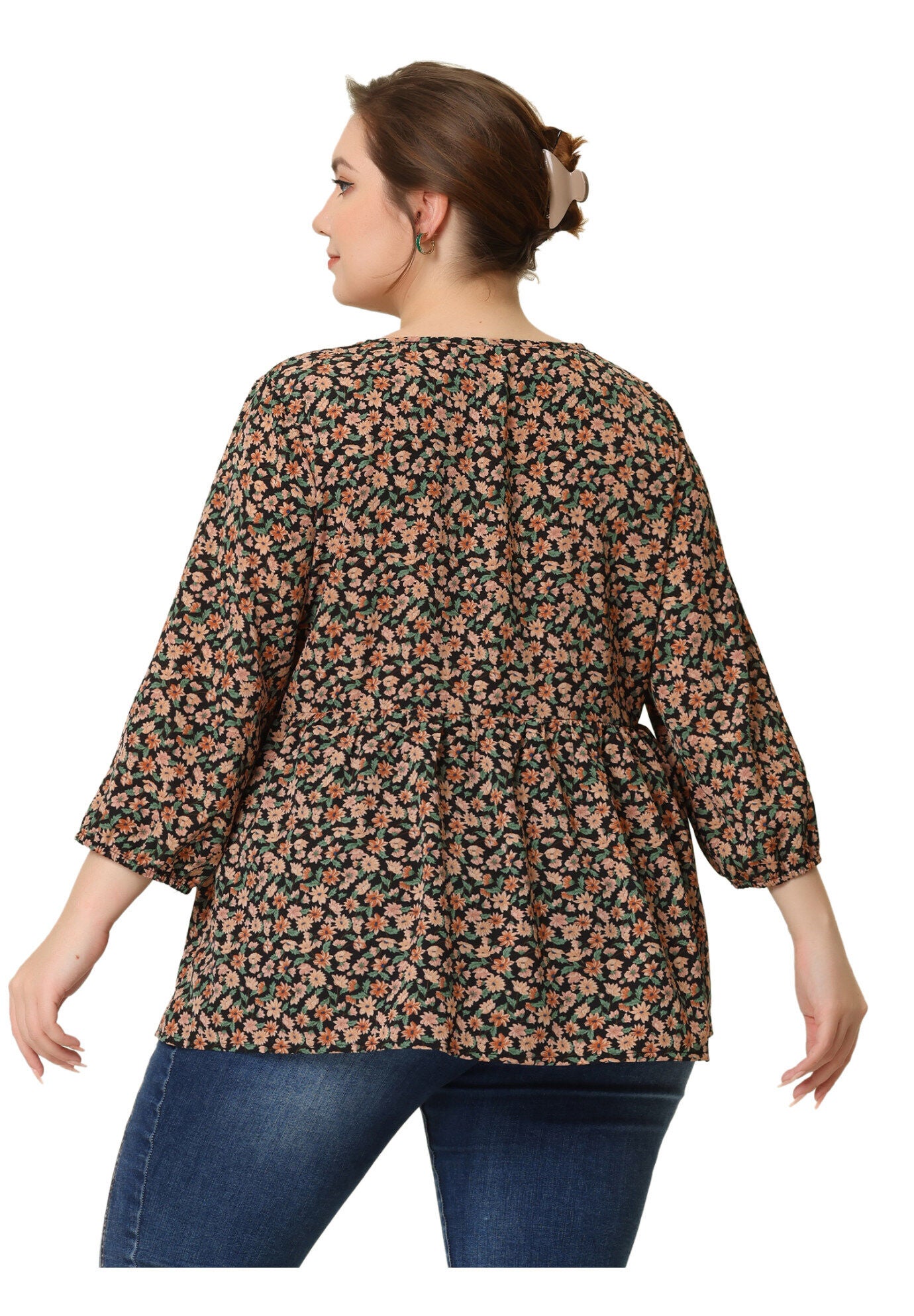 3/4 Sleeves Babydoll Chiffon Keyhole Floral Flowy Top Blouse, Black Beige / Beige, alternate image number 3