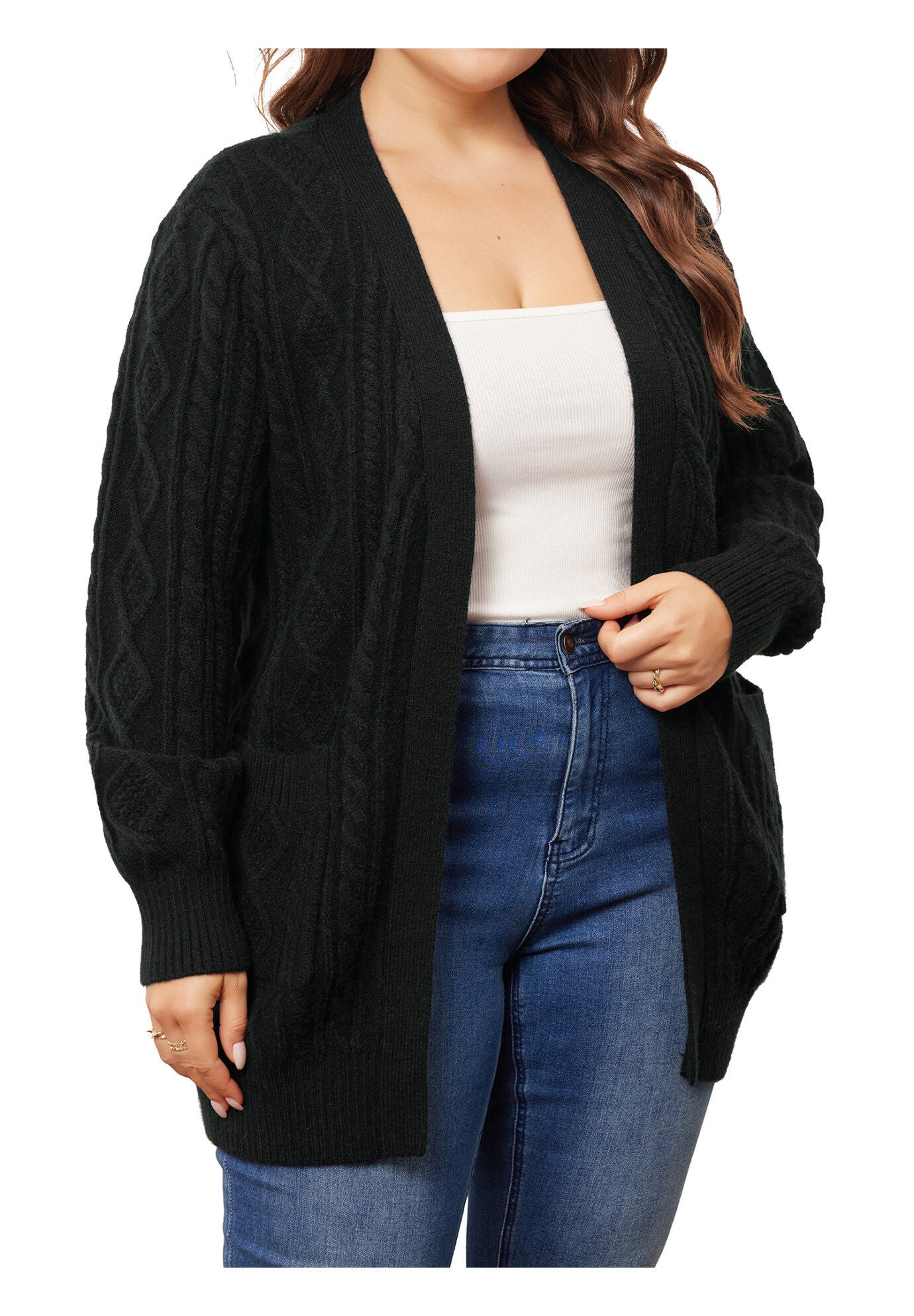 OPEN FRONT LIGHTWEIGHT SWEATER CARDIGAN WITH POCKETS, Black / Black, alternate image number 1